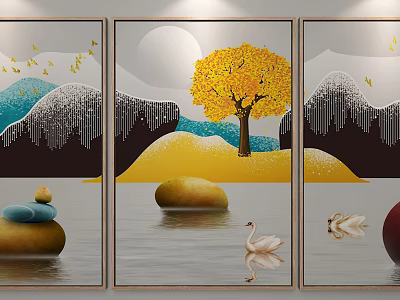 Three Panel Decorative Wall Art With Golden Tree Swan Mountains And Stones 3d model