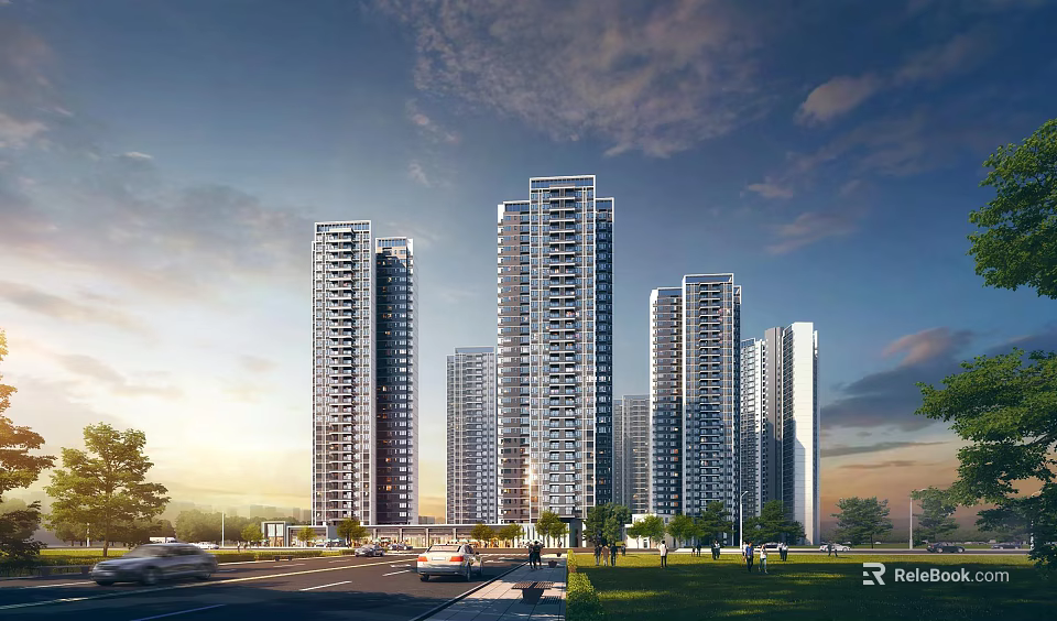 Modern High Rise Buildings in Urban Landscape with Road Vehicles Green Trees and Blue Sky 3d model 