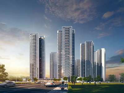 Modern High Rise Buildings in Urban Landscape with Road Vehicles Green Trees and Blue Sky 3d model