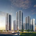 Modern High Rise Buildings in Urban Landscape with Road Vehicles Green Trees and Blue Sky