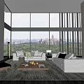 Modern Living Room Interior With Large Windows City Park View Sofas Coffee Table And Armchair