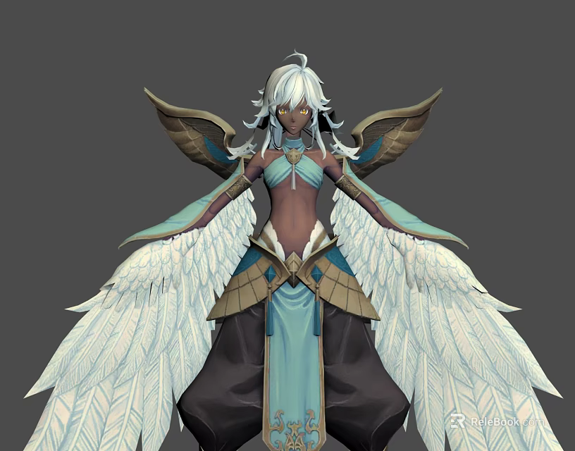Fantasy Game Character With White Hair Large Wings Blue Brown Outfit And Golden Decorations 3d model 