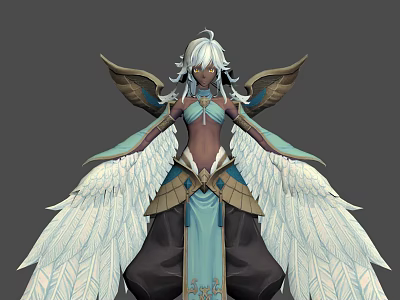 Fantasy Game Character With White Hair Large Wings Blue Brown Outfit And Golden Decorations 3d model