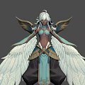 Fantasy Game Character With White Hair Large Wings Blue Brown Outfit And Golden Decorations