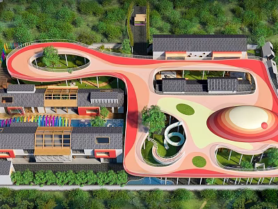 Modern Traditional School Building Design With Red Curved Structure Green Lawns And Courtyards 3d model