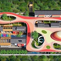 Modern Traditional School Building Design With Red Curved Structure Green Lawns And Courtyards