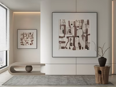 Abstract Paintings With Geometric Patterns Hanging On Modern Interior Wall In Brown And White Tones 3d model