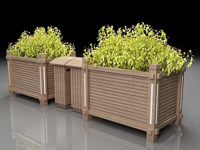 Green Shrubs Growing in Wooden Striped Planters with Reflective Floor Surface 3d model