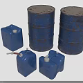 Rusty Blue Barrels And Blue Jerry Cans With White Caps And Red Tubes