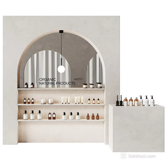 Modern Curved White Display Shelves Showcasing Organic Natural Products With Various Bottles And Jars 3d model 