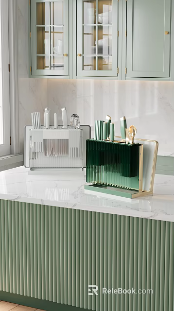 Kitchen Countertop Decorative Ornament Set With Green And White Knife Holders On Marble Surface 3d model 