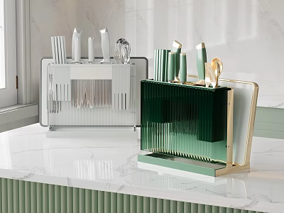 Kitchen Countertop Decorative Ornament Set With Green And White Knife Holders On Marble Surface 3d model