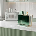 Kitchen Countertop Decorative Ornament Set With Green And White Knife Holders On Marble Surface
