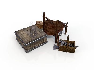 Vintage Classic Car With Wooden Crate Barrel And Tools Accessories 3d model