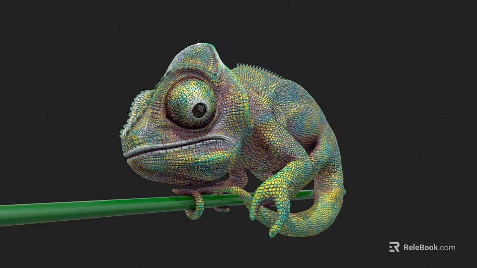Colorful Chameleon Reptile With Large Eyes Claws On Green Branch Black Background 3d model 