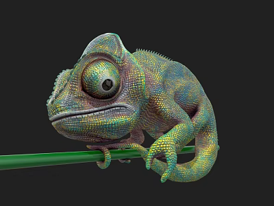 Colorful Chameleon Reptile With Large Eyes Claws On Green Branch Black Background 3d model