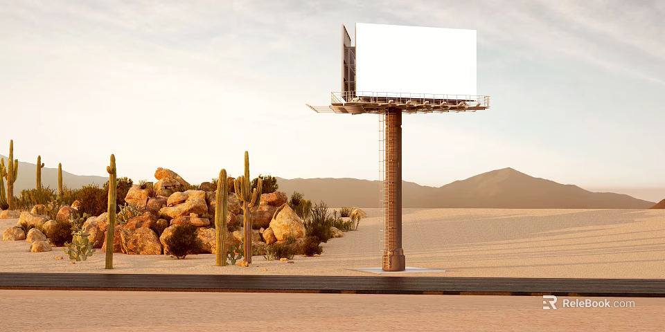 Desert Billboard With Cacti Rocks And Distant Mountains Under Clear Sky 3d model