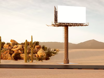 Desert Billboard With Cacti Rocks And Distant Mountains Under Clear Sky 3d model