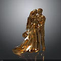 Elegant Golden Bride And Groom Sculpture With Flowing Metallic Dress And Bouquet