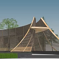 Modern Geometric Wooden Pergola Design With Surrounding Trees And Stone Steps