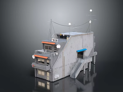Concrete Residential Building With Outdoor Stairs Roof Antennas And Blue Awning 3d model