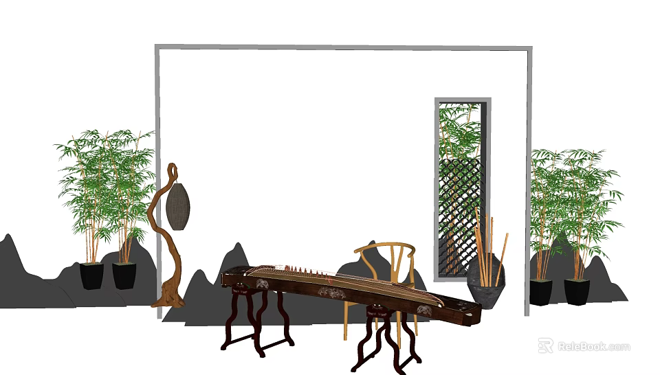 Traditional Chinese Feature Wall With Bamboo Plants Guzheng Circular Decoration Rockery Design And Lattice Window 3d model 