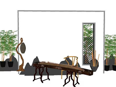 Traditional Chinese Feature Wall With Bamboo Plants Guzheng Circular Decoration Rockery Design And Lattice Window 3d model