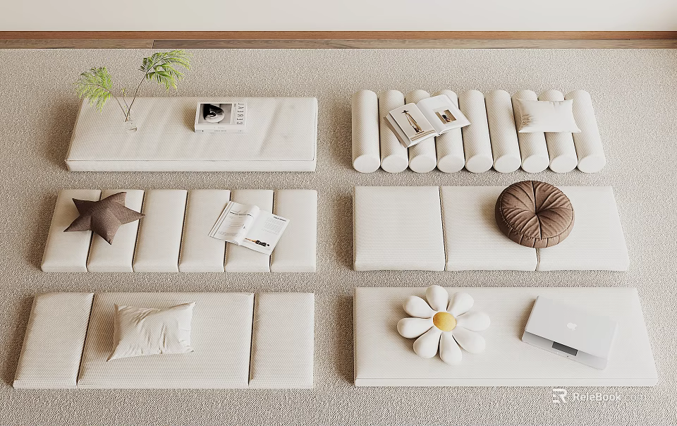 Soft Upholstered Cushions Arrangement In Modern Cozy Interior With Notebook Magazine And Flower 3d model 