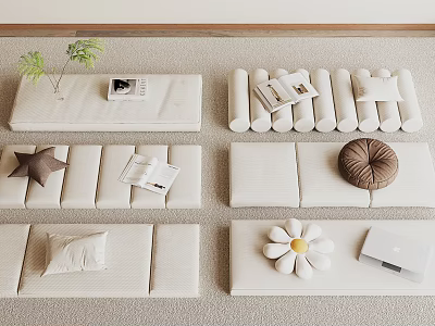 Soft Upholstered Cushions Arrangement In Modern Cozy Interior With Notebook Magazine And Flower 3d model