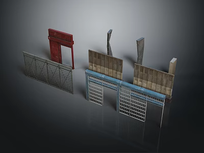 Scene Components Including Red Door Metal Fence Grid Gates And Wall Panels 3d model