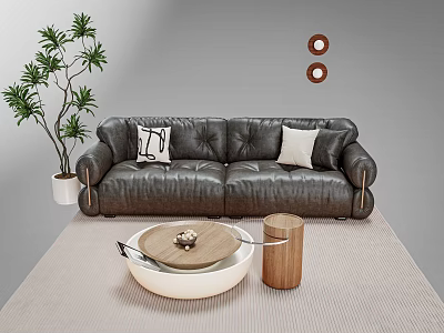 Black Leather Sofa With Pillows And Coffee Table Set With Green Plant And Wall Decor 3d model