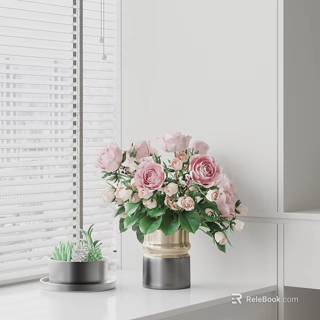 Beautiful Pink Roses with Green Leaves in Gold Vase by White Wall and Window Blinds 3d model 