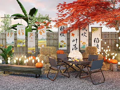 Scenic Garden Landscape With Red Leaves Lanterns Straw Stacks Bamboo Fences And Seats 3d model