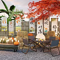 Scenic Garden Landscape With Red Leaves Lanterns Straw Stacks Bamboo Fences And Seats