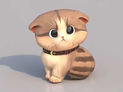 Cute 3D Cartoon Cat With Big Eyes Striped Fur And Brown Collar Sitting 3d model