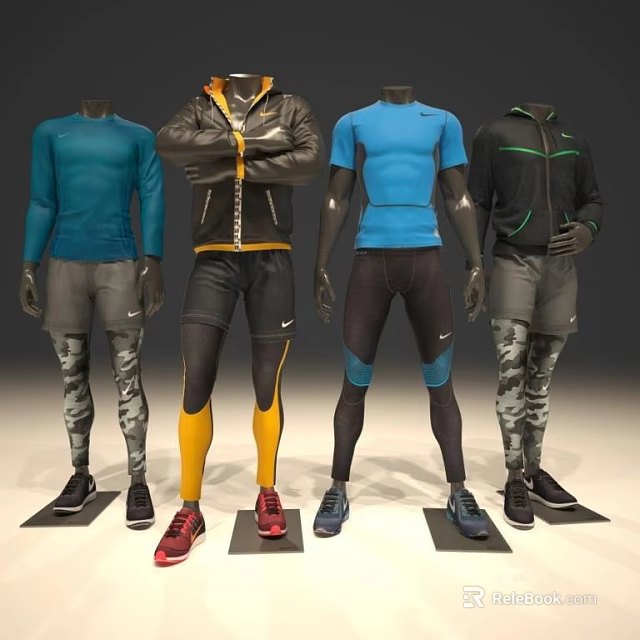 Sportswear Mannequins Displaying Various Athletic Tops Jackets Pants And Shoes 3d model 