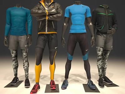Sportswear Mannequins Displaying Various Athletic Tops Jackets Pants And Shoes 3d model