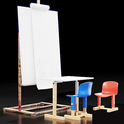 Simple Modern Desk And Chair Set With White Table Blue Red Chairs And Drawing Board 3d model