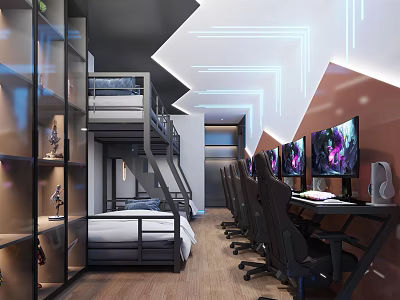 Modern Hotel Guest Room Interior With Bunk Beds Multiple Gaming Monitors And Desks Chairs 3d model