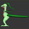 Cartoon Green Creature With Pink Belly Leaf Like Head Extended Limbs Standing On Reflective Surface 3d model