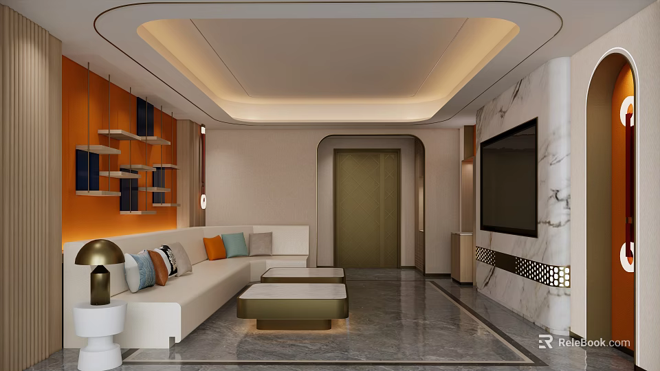 Modern KTV Lounge Interior Design With Comfortable Sofa TV Shelves And Marble Walls 3d model 