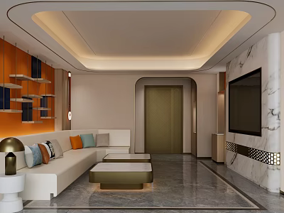 Modern KTV Lounge Interior Design With Comfortable Sofa TV Shelves And Marble Walls 3d model