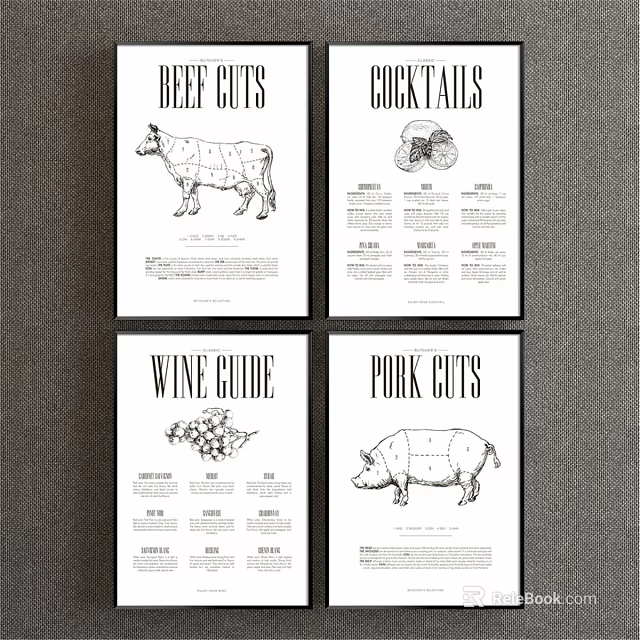 Animal Drawings Of Beef And Pork Cuts With Anatomical Labels Guide 3d model 
