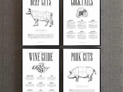Animal Drawings Of Beef And Pork Cuts With Anatomical Labels Guide 3d model