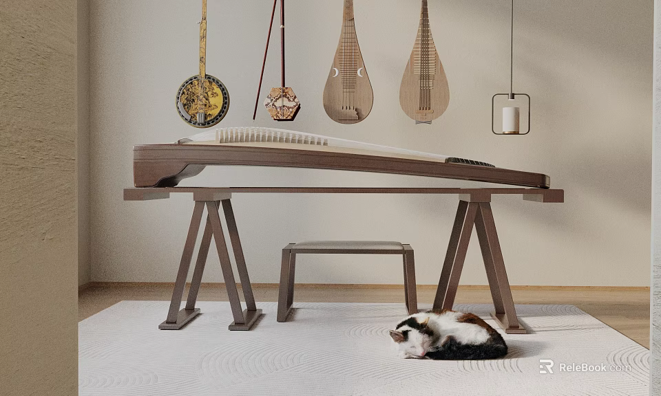 Traditional Chinese Musical Instruments Guzheng Pipa Ruan Hanging On Wooden Table With Cat 3d model 
