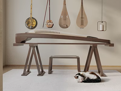 Traditional Chinese Musical Instruments Guzheng Pipa Ruan Hanging On Wooden Table With Cat 3d model