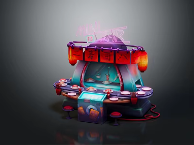 Vibrant Cartoon Style Entertainment Scene With Pagoda Roof Red Lanterns Round Platform And Stools 3d model