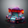 Vibrant Cartoon Style Entertainment Scene With Pagoda Roof Red Lanterns Round Platform And Stools