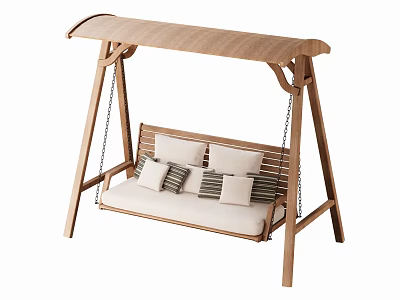 Outdoor Wooden Swing Chair with Canopy and Light Colored Striped Cushions 3d model