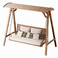 Outdoor Wooden Swing Chair with Canopy and Light Colored Striped Cushions